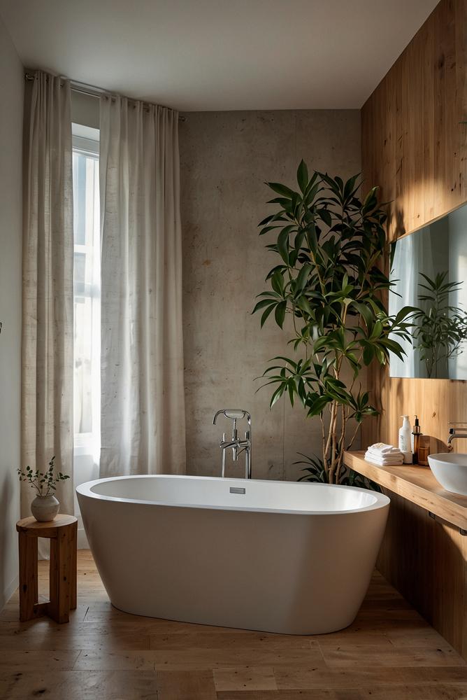 helles kleines Badezimmer mit freistehender Mini-Badewanne