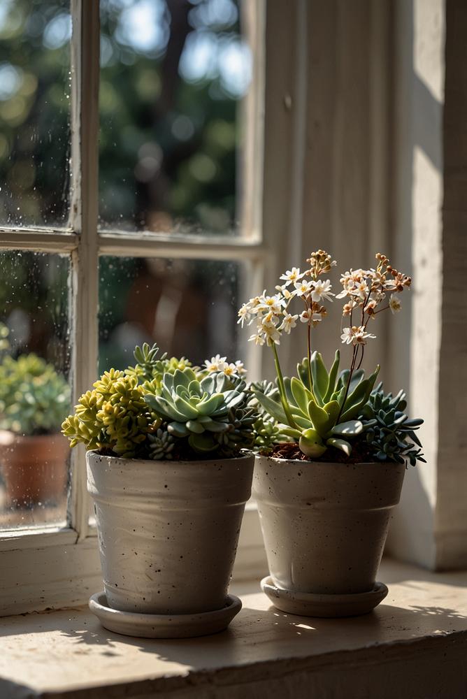 Helle und einladende Fensterbank mit Pflanzen und Deko