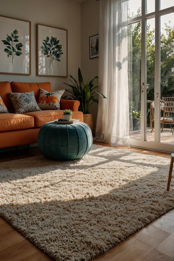 Heller moderner Wohnraum mit dekorativen Teppichen und viel Licht