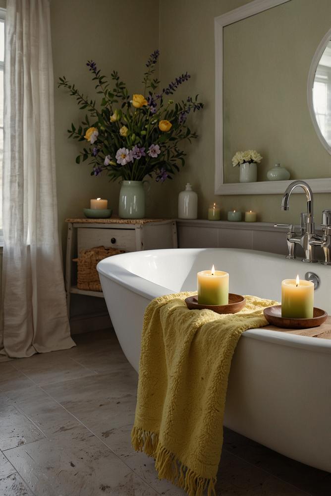 Helles Badezimmer mit Frühlingsdeko und Duftkerzen