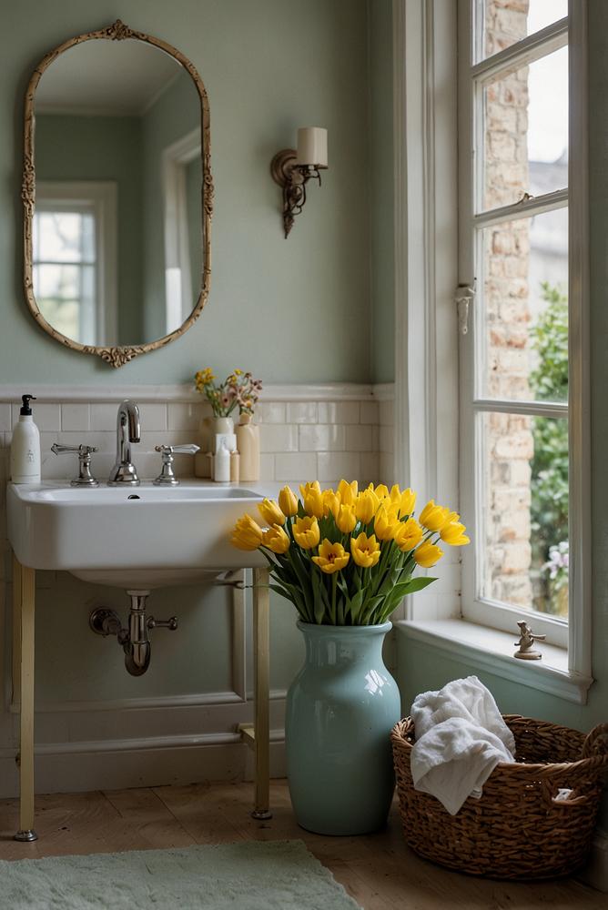 Helles Badezimmer mit Frühlingsdeko und frischen Blumen