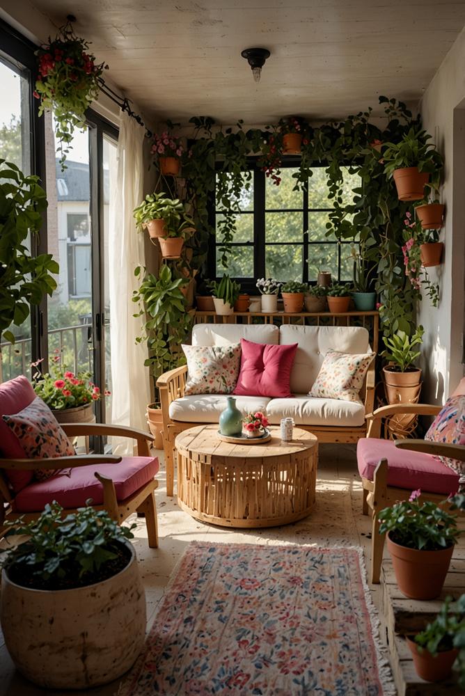 Heller Balkon mit haengenden Blueten und floralen Kissen