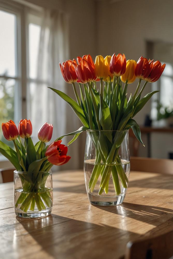 Bunte Tulpen auf hellem Esstisch in fruehlingsdeko