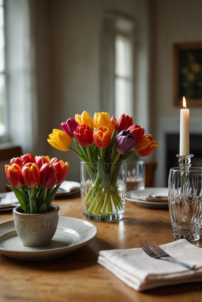 Frühlingshafte Esstischdeko mit Tulpen und Pastellkerzen