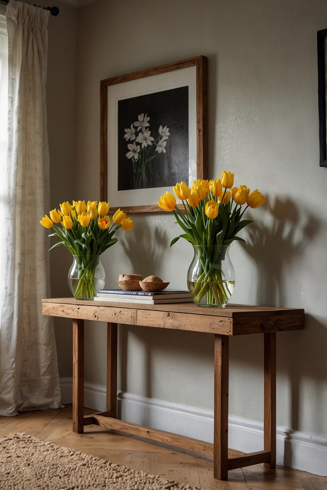 Hell eingerichteter Flur mit Frühlingsdeko und Konsole