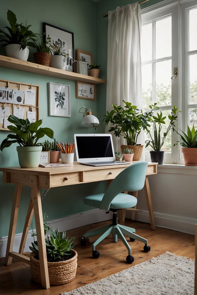 Helles Home-Office mit Frühlingspflanzen und Deko