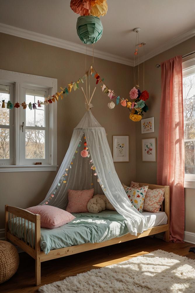 Helles Kinderzimmer mit frühlingshafter bunter Deko aus Mobiles und Girlanden