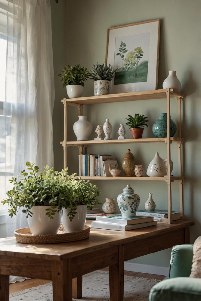 Helles Regal mit Frühlingsdeko aus Porzellan, Pflanzen und Büchern