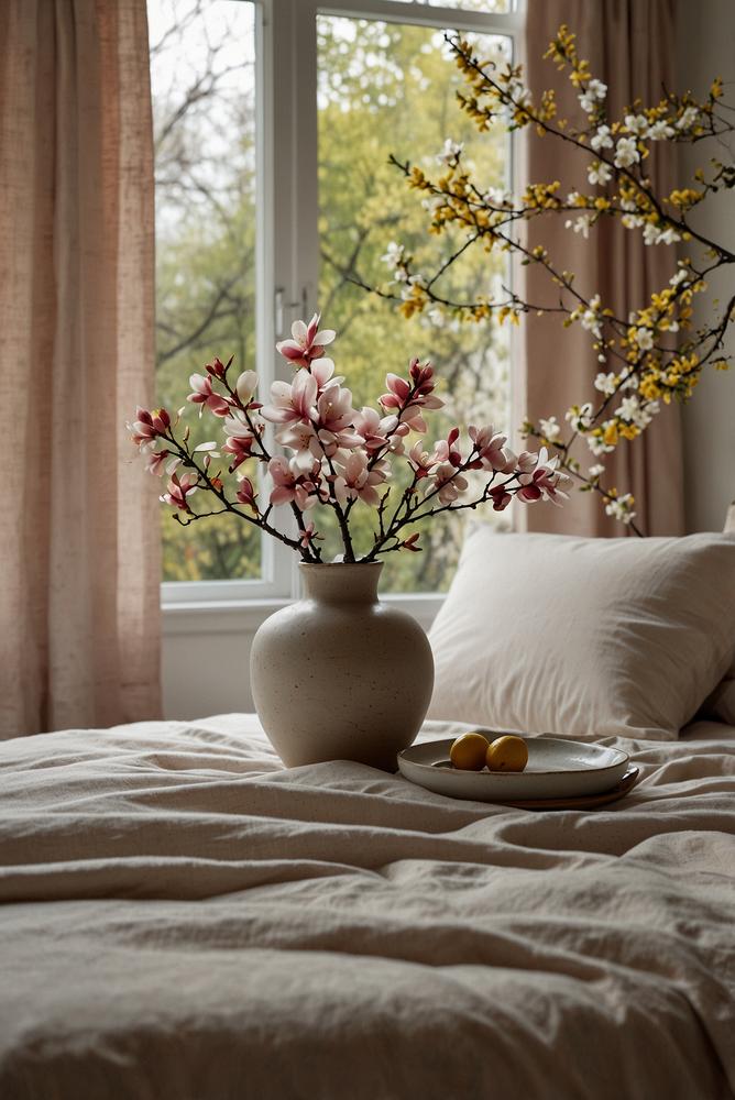 Helles Schlafzimmer mit leichter Bettwäsche und frischen Zweigen