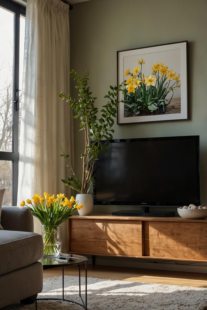 Helles Wohnzimmer mit Blumenarrangements an TV-Moebel