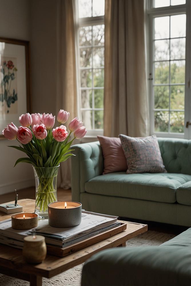 Hellfreundliches Wohnzimmer mit pastelligen Kissen und Plaid
