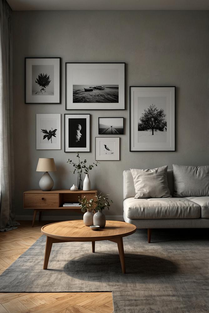 Helle minimalistische Galerie mit wenigen Kunstwerken an der Wand