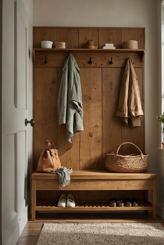 Helle Garderobe mit Holzschuhbank, Spiegel und Haken in warmen Tönen