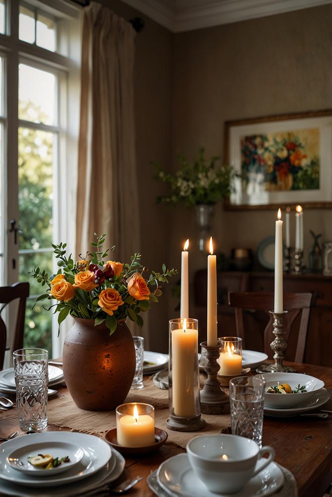 Hell und einladend dekorierter Esstisch mit Kerzen und Blumen