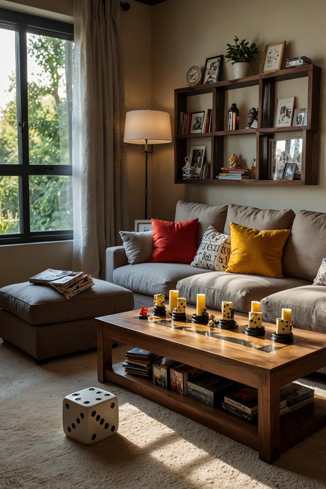 Hell erleuchtete Game-Night-Mottoparty mit Brettspielen und Deko