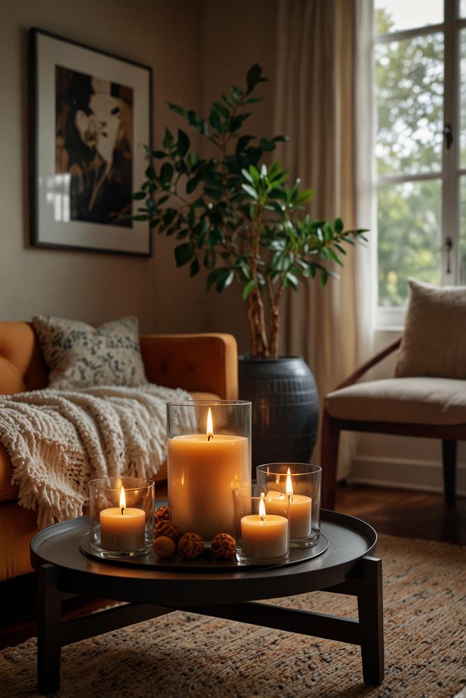 Helle Kerzen- und Windlichtarrangements in gemütlichem Wohnzimmer