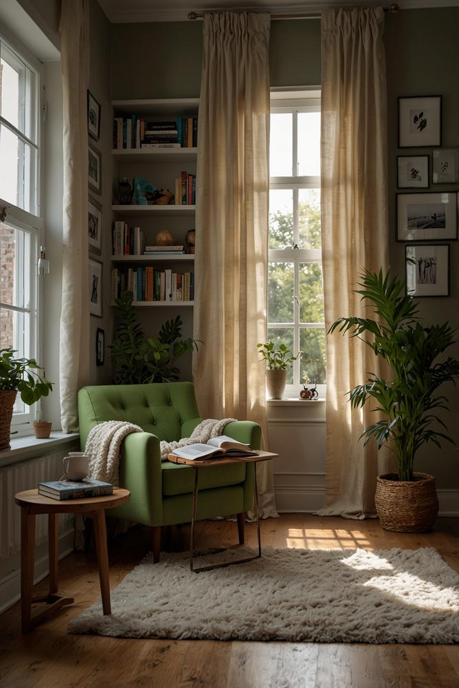 Gemütliche helle Leseecke mit Sessel und Stehlampe