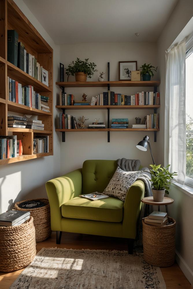 Helle und gemütliche Leseecke mit Sessel und Lampe