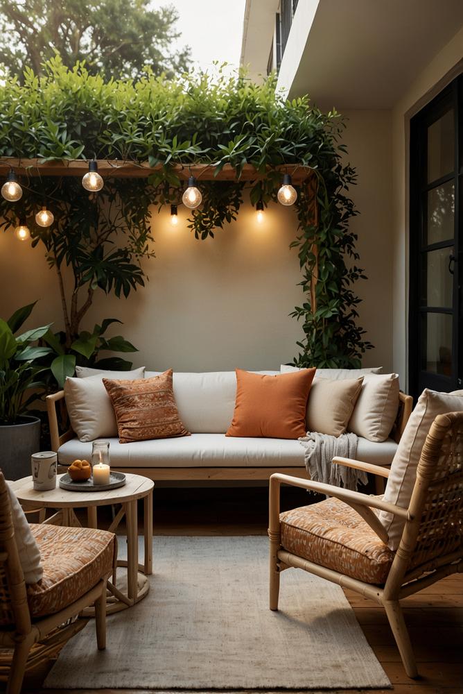 Gemütliche Lounge mit Outdoor-Sofa auf hellem Balkon