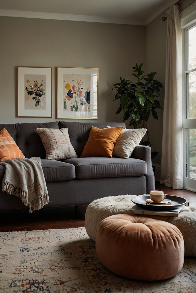 Gemütliche Sofa-Ecke mit Plaids und Kissen, hell und modern