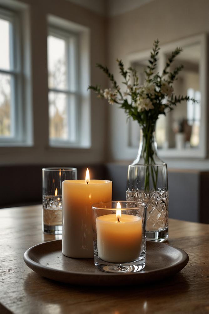 Essbereich mit Duftkerzen und Diffuser auf dem Tisch