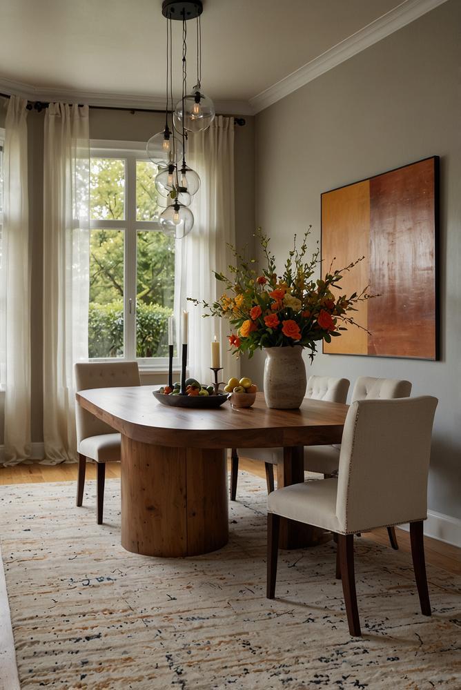 Essbereich mit weichem, hellem Teppich und moderner Dekoration