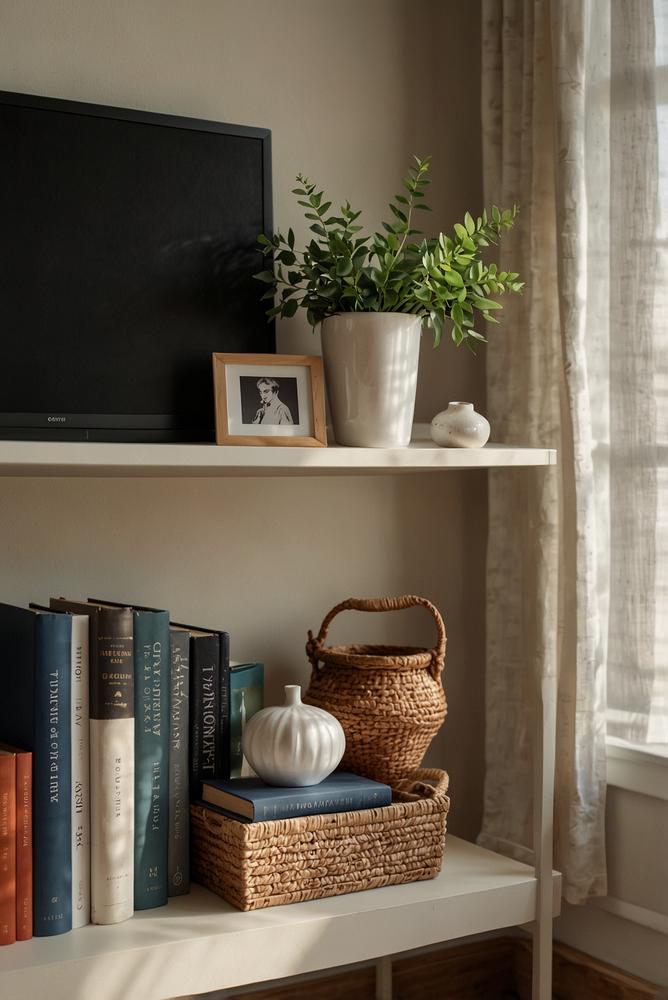 Helles Regal mit Büchern, Körben und Deko im Wohnzimmer