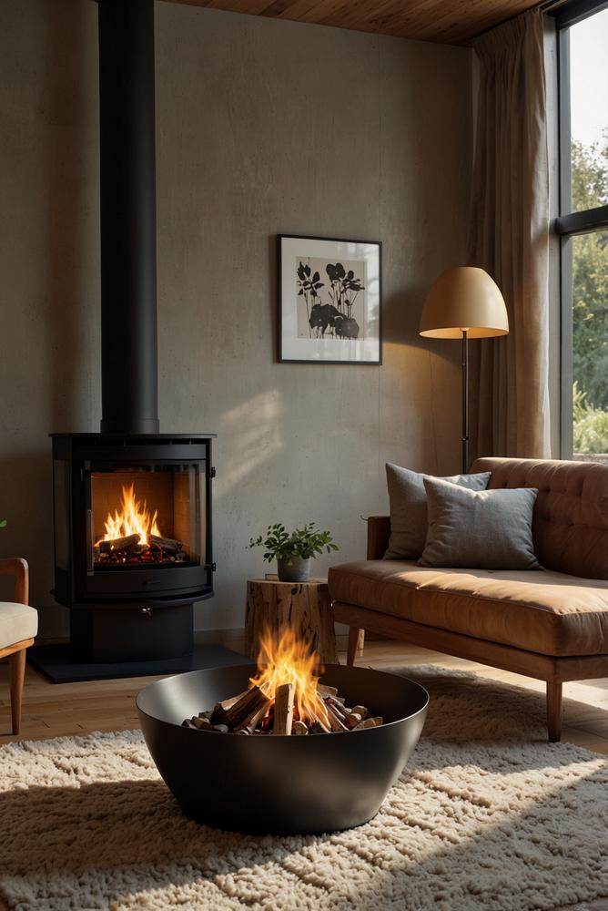 Helles Wohnzimmer mit modernem Kamin und Elektrofeuer