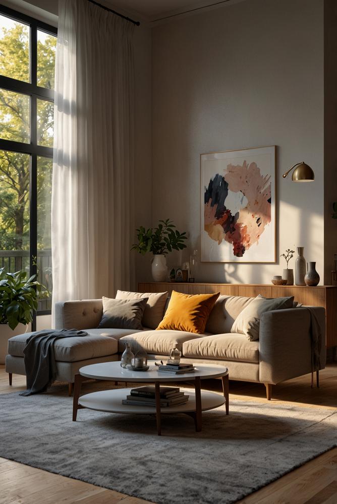 Modernes Wohnzimmer mit smarter Beleuchtung und Sprachsteuerung