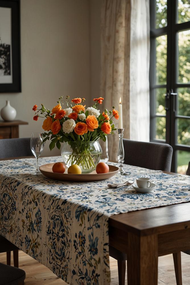 Gemusterter Tischläufer und Platzsets im Essbereich
