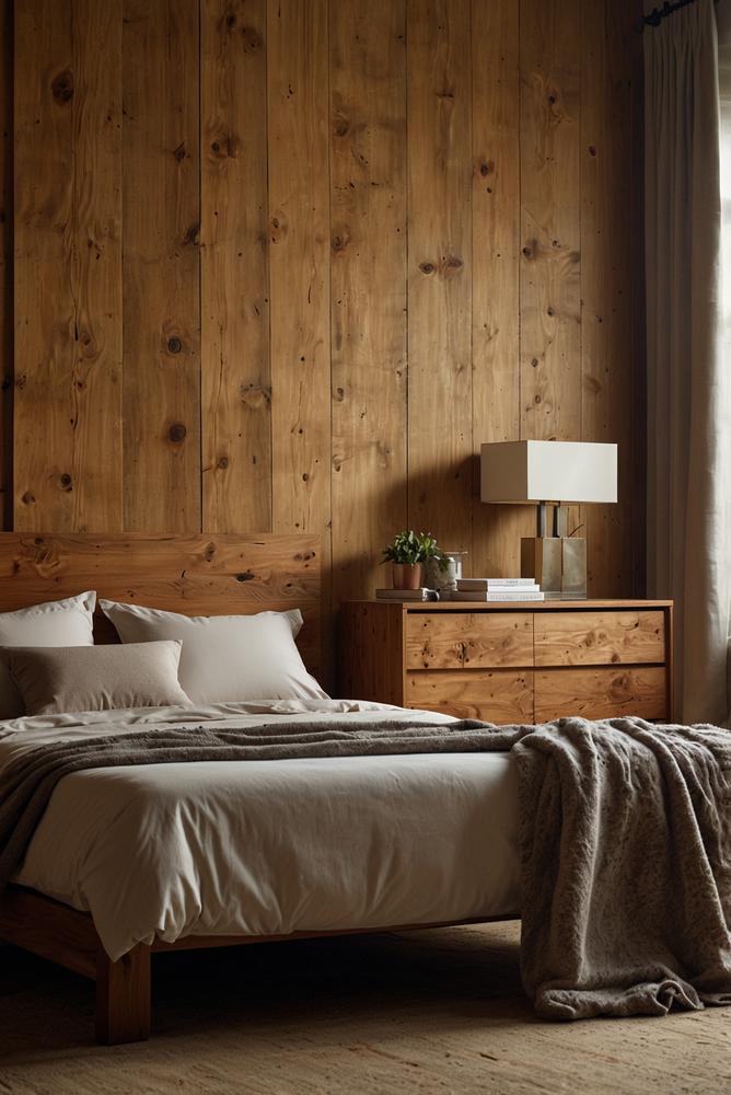 Geöltes Holz-Bettkopfteil im hellen Schlafzimmer