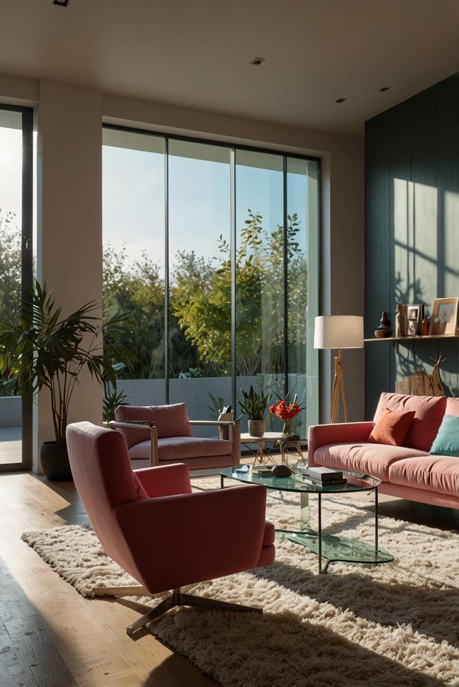 Heller Raum mit getoentem Glas als Farbakzent