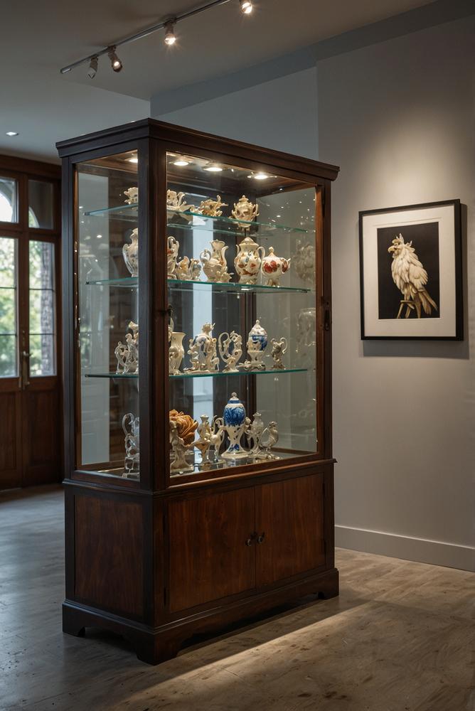 Glasvitrine mit Sammlerstuecken in hellem Raum