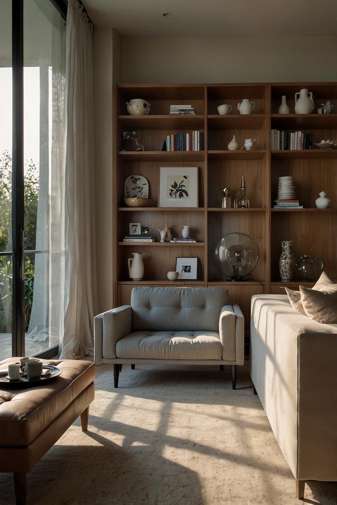 Helles Zimmer mit Glas-Regalboeden in offenen Schränken