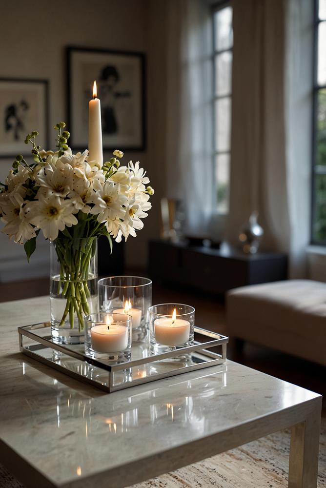 Elegantes Glas-Serviertablett in hellem Wohnraum