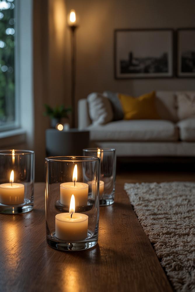Glas-Teelichthalter mit warmem Licht im modernen Raum