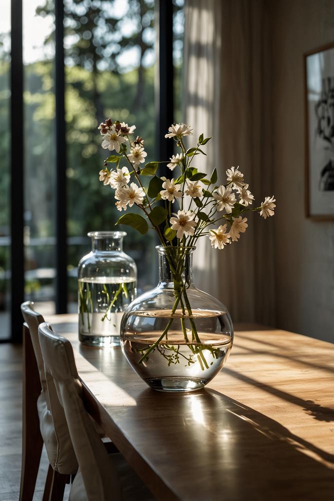 Glasvasenarrangement auf hellem Esstisch mit Blumen