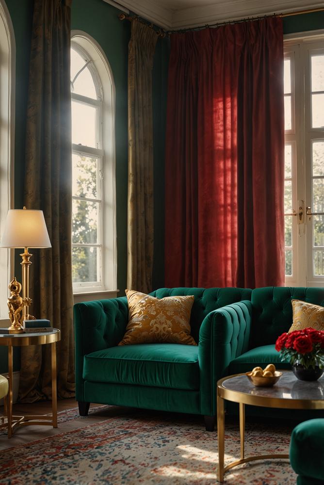 Helles Wohnzimmer mit goldenen Akzenten und Samtmoebel