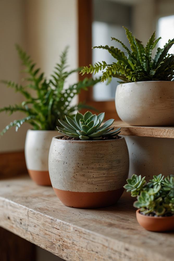 Helle grüne Pflanzenecke mit personalisierten Töpfen