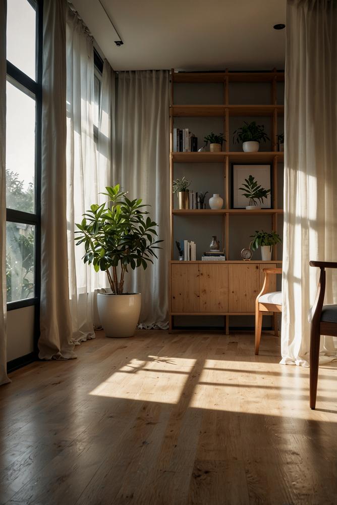 Helles Wohnzimmer mit günstigem Raumteiler aus Regal und Paravent