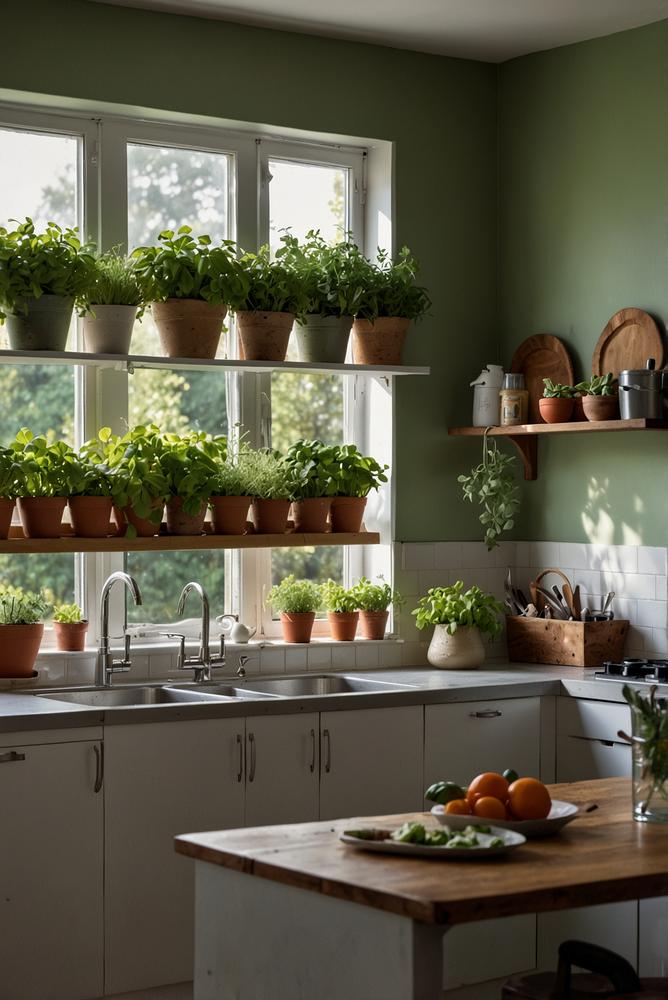 Helle Küche mit hängenden Kräutertöpfen am Fenster