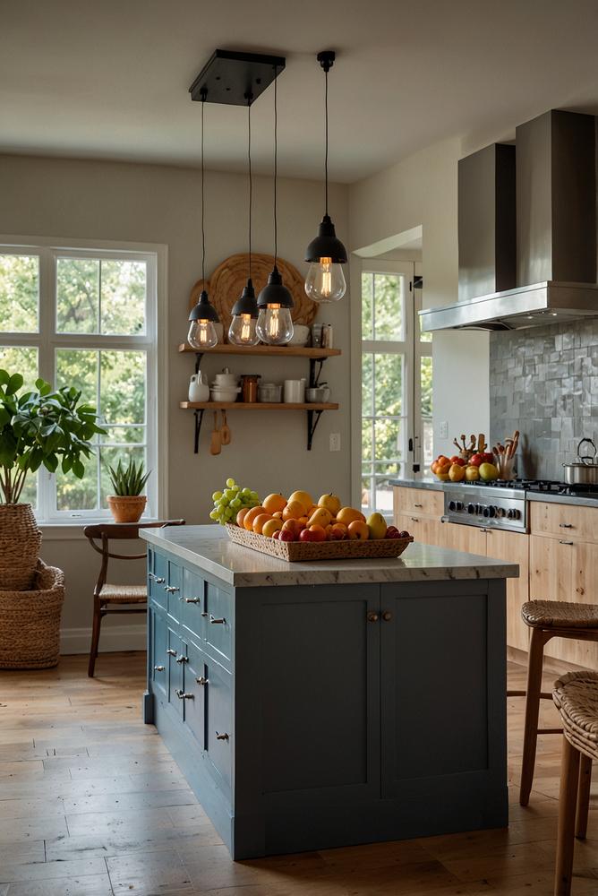 Hängender Obstkorb über der Kücheninsel, hell und modern