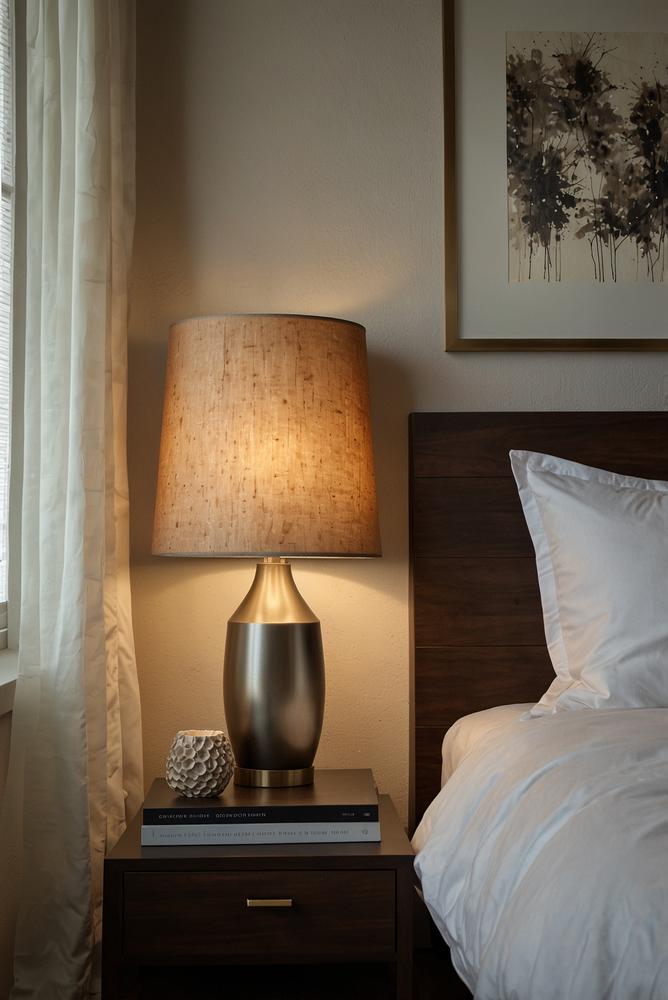 Helles Schlafzimmer mit harmonisch abgestimmten Möbeln und Lampen