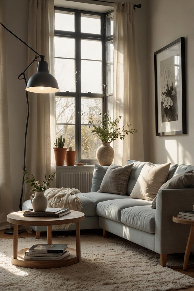 Heller, moderner Raum mit monochromen Akzenten und Sonne