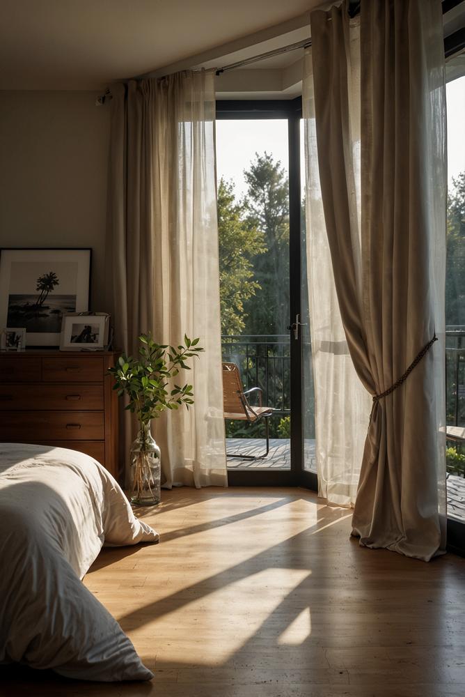 Helles Schlafzimmer mit Verdunkelungsvorhängen für Ruhe