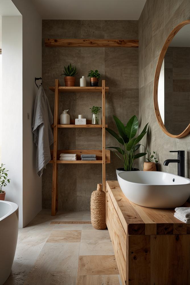Helles Badezimmer mit natürlichen Holz-Badaccessoires