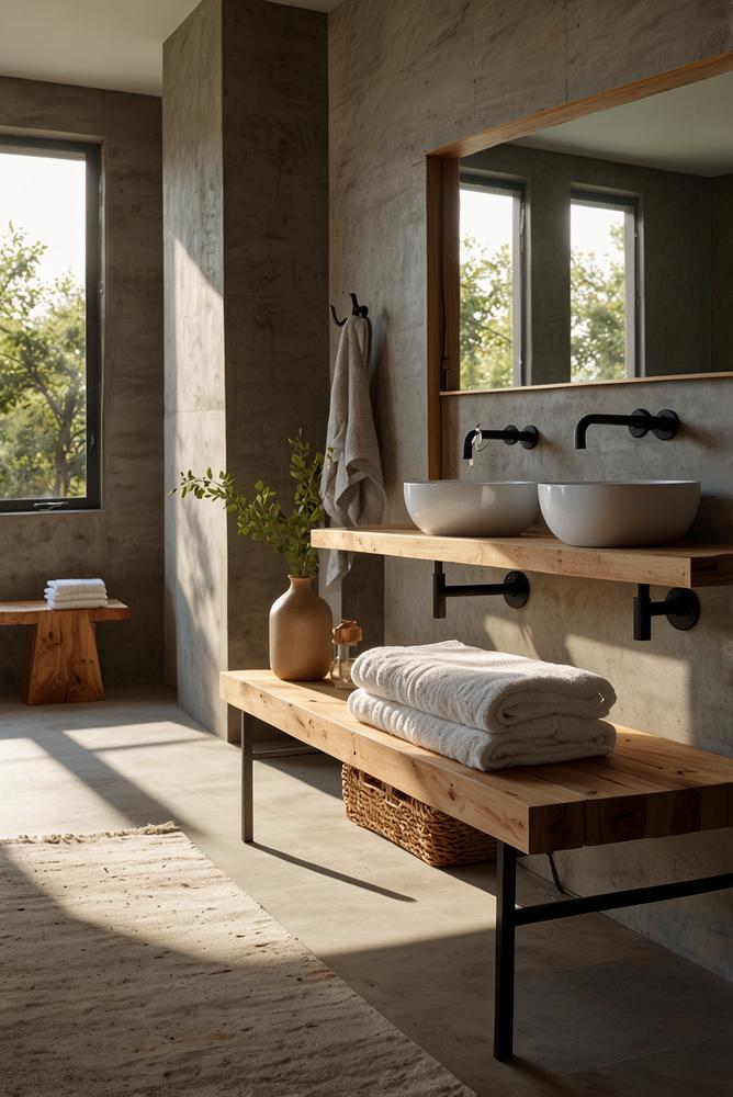 Helles Badezimmer mit Holz-Badregal und Handtüchern