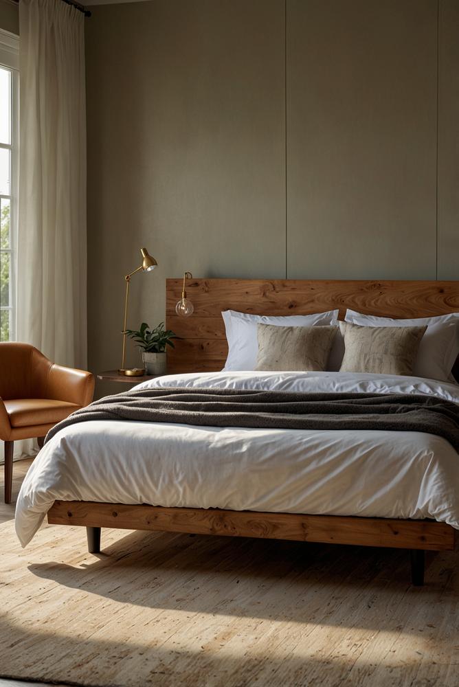 Holz-Bettkopfteil in modernem, lichtdurchflutetem Schlafzimmer