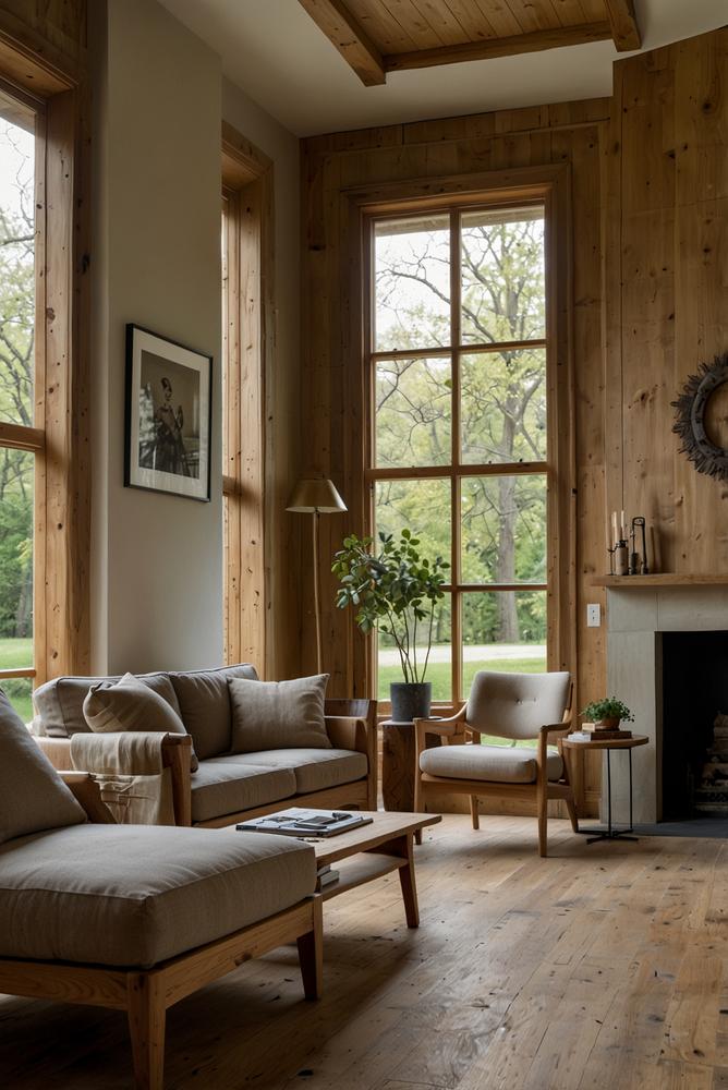Helles Wohnzimmer mit Holz-Bilderrahmen und natürlichem Licht