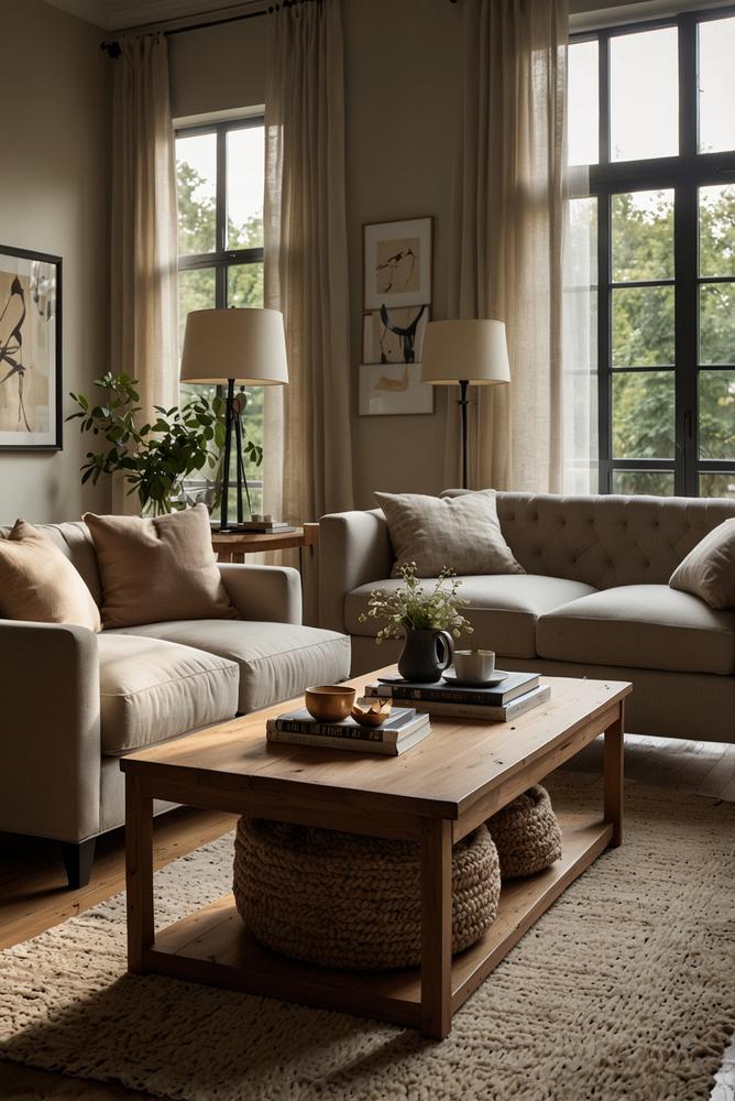 Heller Holz-Couchtisch mit verstecktem Stauraum im Wohnzimmer